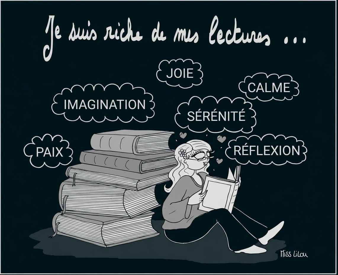 Eine lesende Person sitzt neben einem Bücherstapel; Gedankenwolken nennen Freude, Ruhe, Fantasie und Nachdenken.